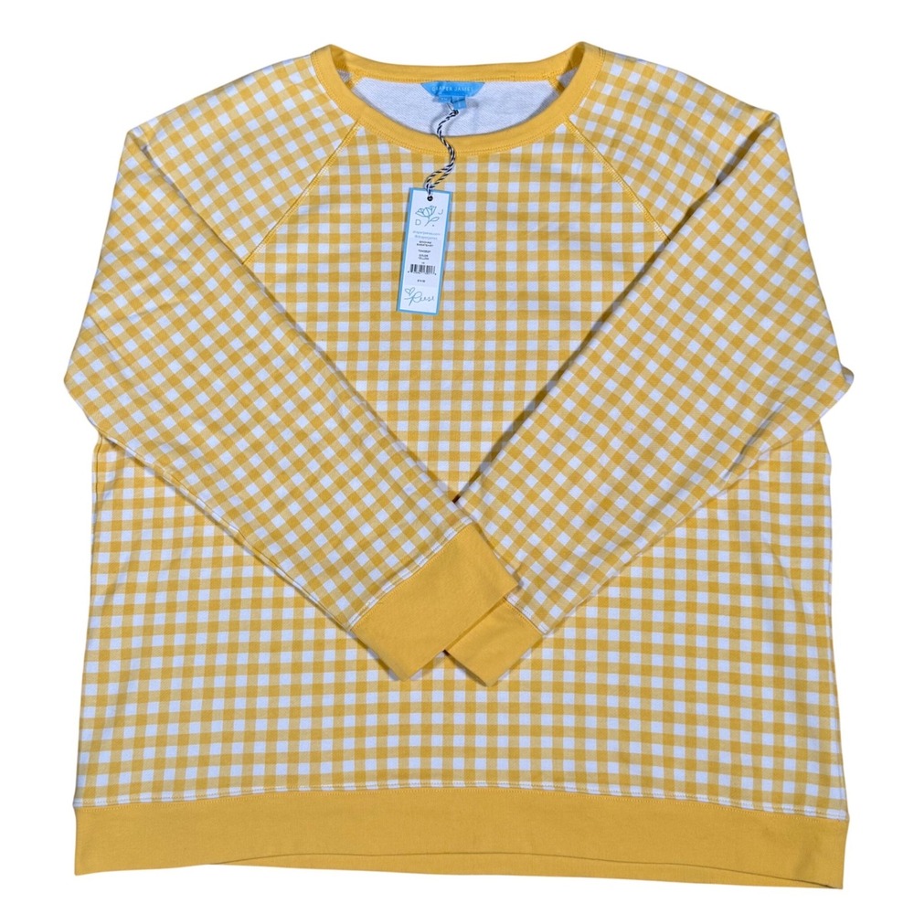 Draper James Gingham Sweatshirt Womens 1X Yellow White Cotton Raglan TOK0252P
